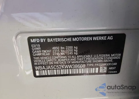 2019 BMW 530I z USA, uszkodzony, nr VIN WBAJA5C52KWW38608